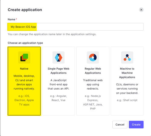 formulaire rempli de création d'une application native