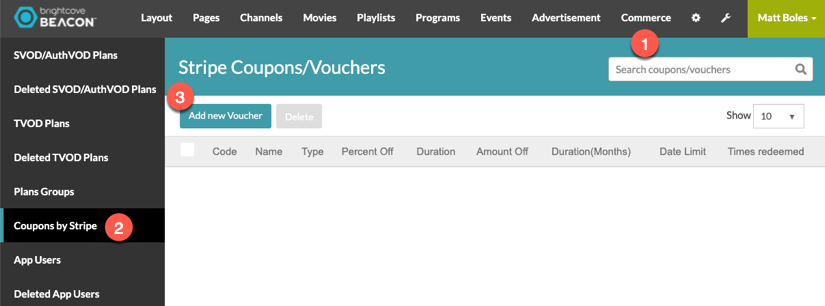 sélections du menu des coupons